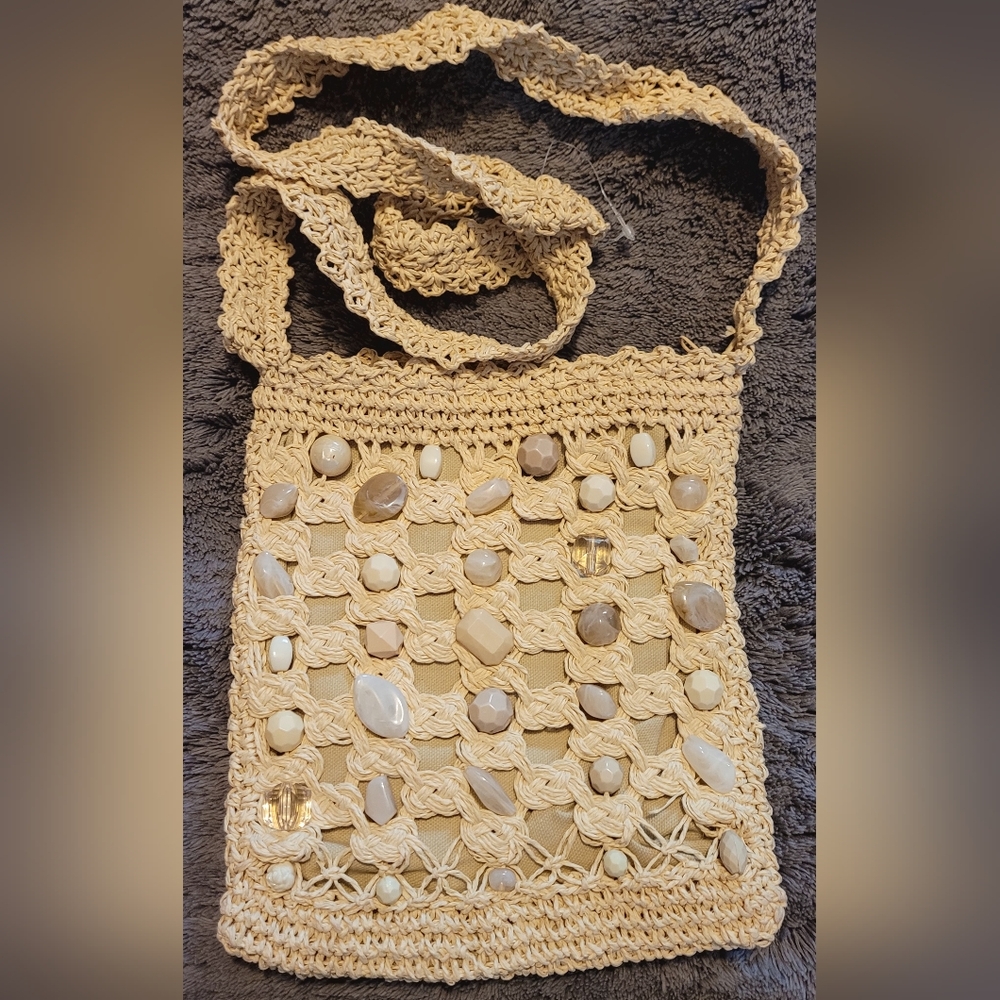 Vintage Boho Style Blue Miami Jewel Crochet Crossbody Bag